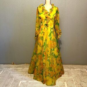 Coco California vintage yellow and green floral maxi dress. No size tag.
